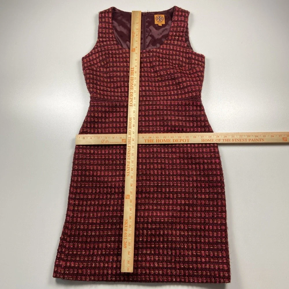 Tory Burch Victory Sheath Sleeveless Dress Sz 8 Red Plaid Wool Blend Lined Tweed